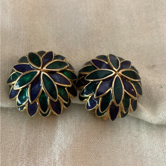 Erwin Pearl Blue & Green Enameled Vintage Clip on‎ Earrings - Picture 6 of 8
